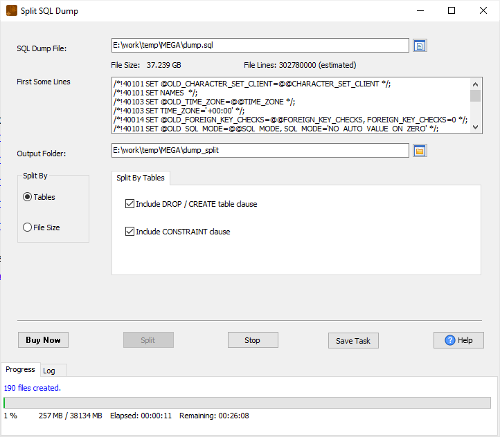 Split huge SQL dump file to smaller files by tables