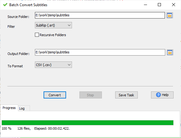 batch convert subtitle SRT to CSV