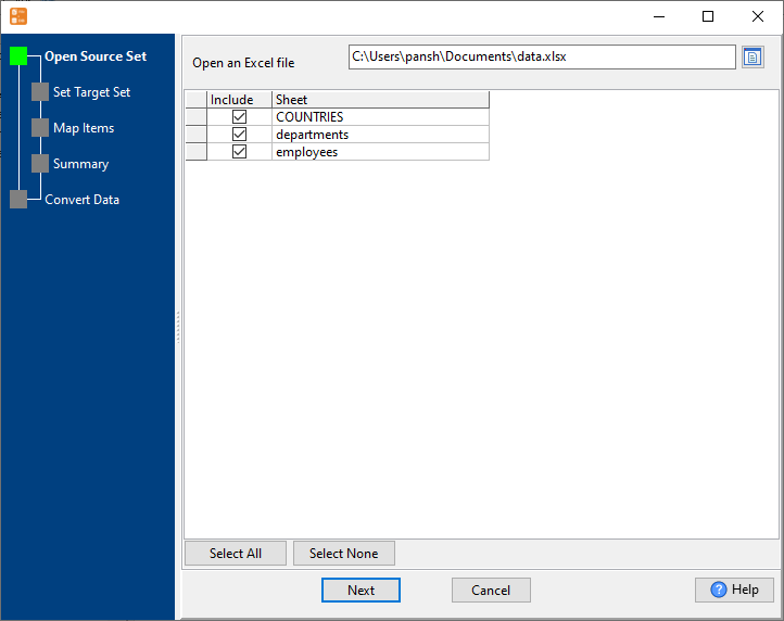 import data from each sheet in an Excel file to a separate DB2 table - select worksheets