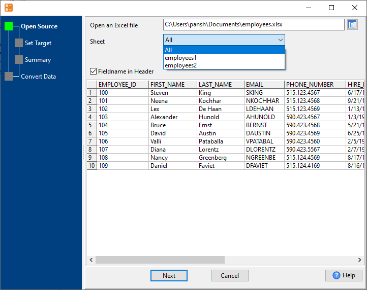 convert multiple Excel sheets to a single DB2 table - Open Excel file